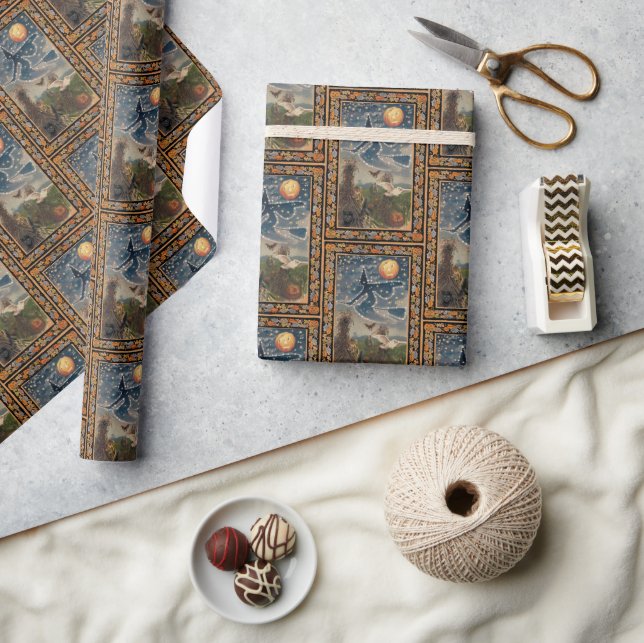 Starry Night with Fall Border Halloween Wrapping Paper (Crafts)
