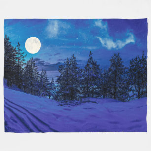 Starry night with full moon in forest fleece blanket
