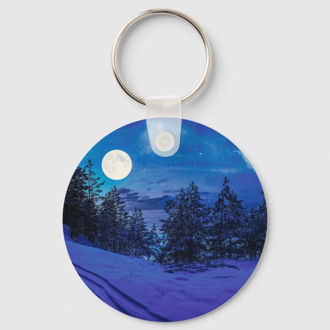 Starry night with full moon in forest key ring (Front)