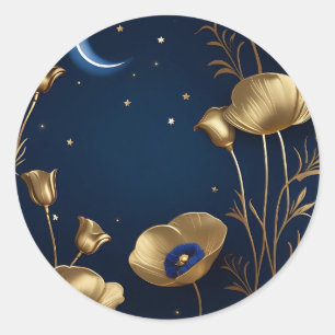 Starry Night with Gold Crescent Moon Classic Round Sticker