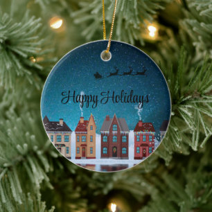 Starry Night With Santa Claus and Houses Ceramic Tree Decoration