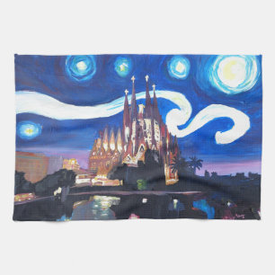 Starry nights at Sagrada Familia in Barcelona Tea Towel