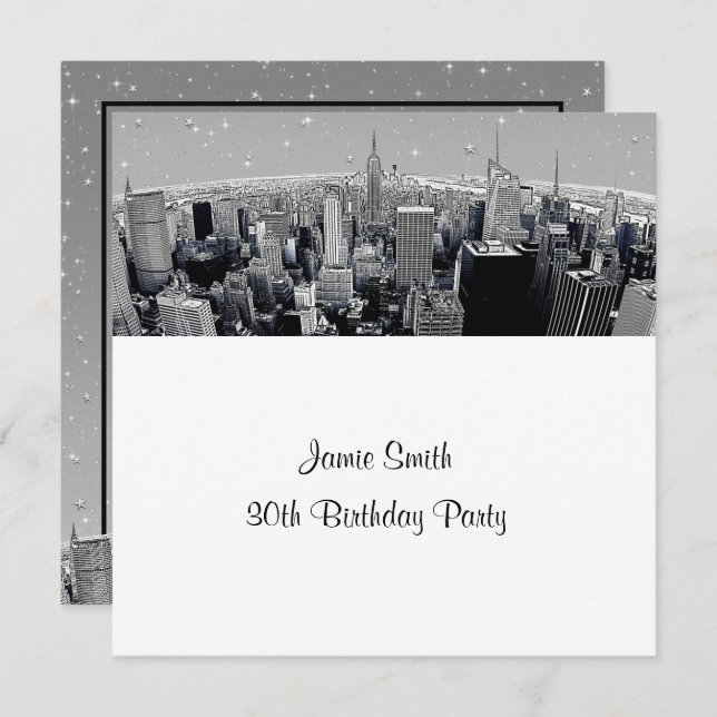 Starry NYC Etched Fisheye Grey Skyline Birthday SQ Invitation (Front/Back)
