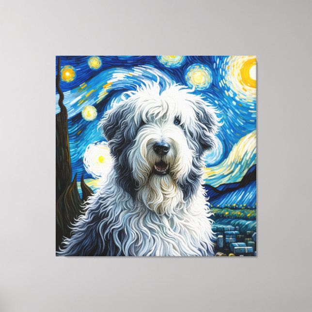 Starry Old English Sheepdog Dog Portrait Canvas Print (Front)