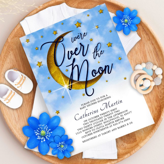 Starry Over The Moon Blue Gold Baby Boy Shower Invitation (Creator Uploaded)