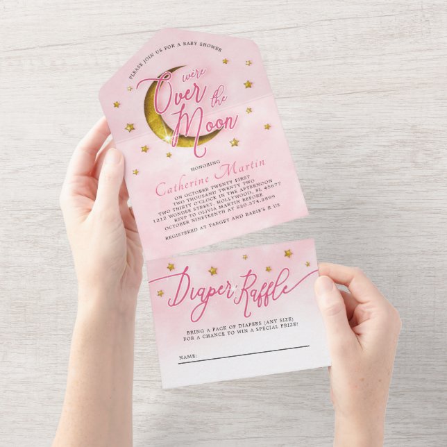 Starry Over The Moon Pink Gold Baby Girl Shower  All In One Invitation (Tearaway)