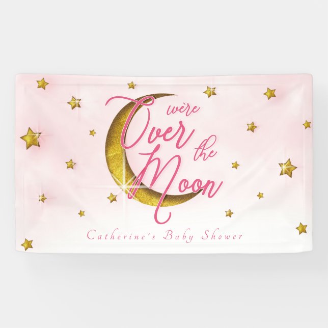 Starry Over The Moon Pink Gold Baby Girl Shower Banner (Horizontal)