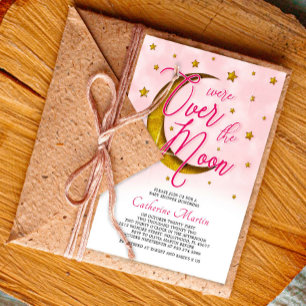 Starry Over The Moon Pink Gold Baby Girl Shower Invitation