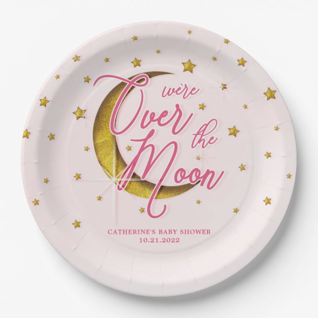 Starry Over The Moon Pink Gold Baby Shower Paper Plate (Front)