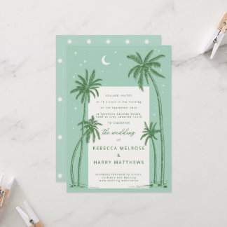 Starry Palm Trees Green boho wedding invitation 