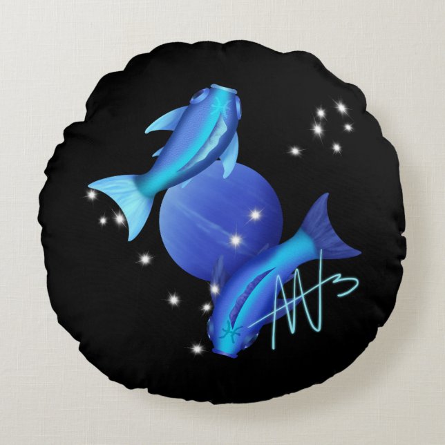Starry Pisces Neptune Zodiac Round Cushion (Front)