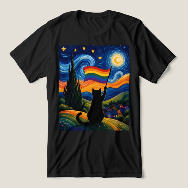 Starry Pride Night Cat Van Gogh Style Rainbow  Tri-Blend Shirt (Design Front)