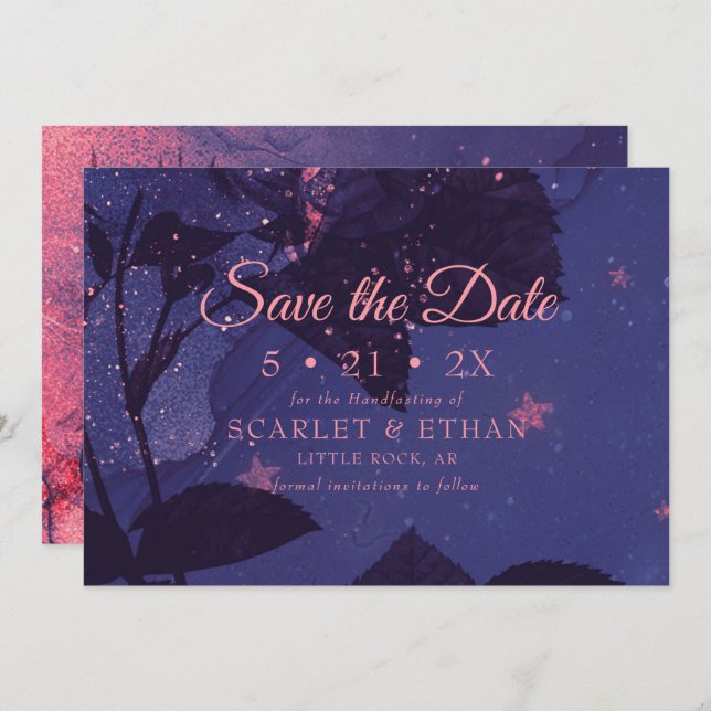 Starry Purple Night Alternative Gothic Floral Save The Date (Front/Back)