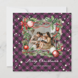 Starry Purple Plaid Photo Merry Christmas Card