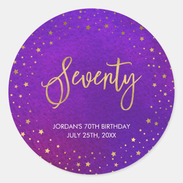Starry Purple Watercolor 70th Birthday Classic Round Sticker (Front)