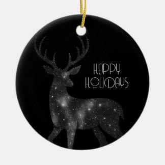 Starry Reindeer Silhouette on Black Happy Holidays Ceramic Tree Decoration