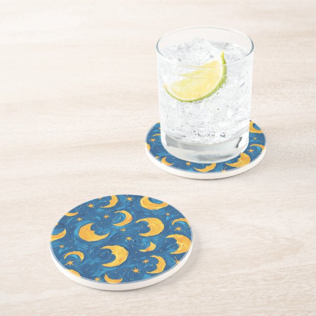 Starry Skies Blue Gold Moons Stars Coaster (Side)