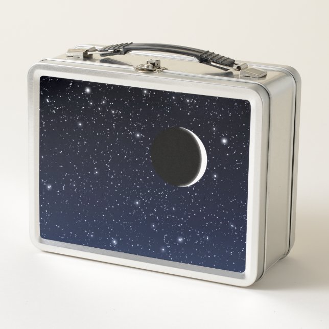 Starry Sky and Crescent Moon, Deep Blue to Black Metal Lunch Box (Front)