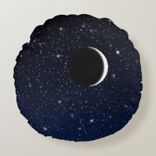 Starry Sky and Crescent Moon, Midnight Blue Round Cushion