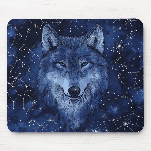 Starry Sky Blue Wolf Cosmic Mouse Pad (Front)
