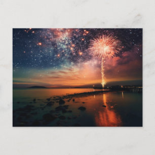Starry Sky Fireworks Over Beach Postcard