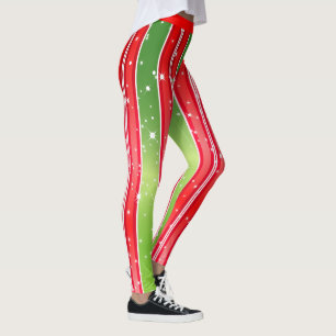 Starry Snowy Red Green White Vertical Stripes Leggings