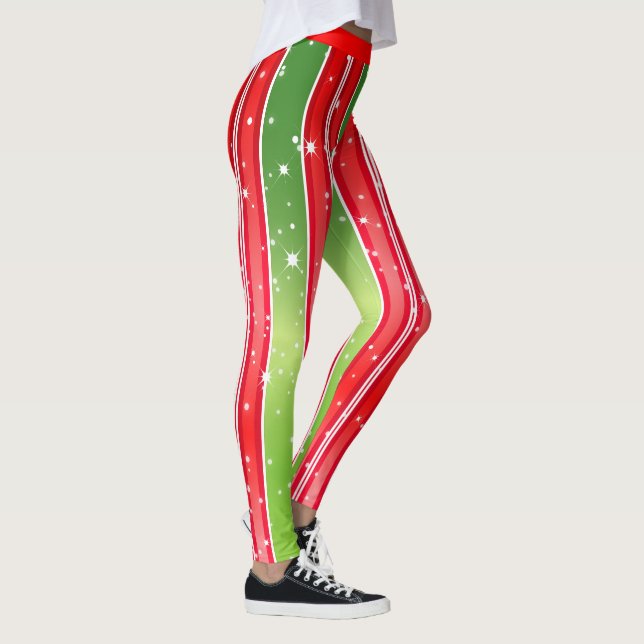 Starry Snowy Red Green White with Vertical Stripes Leggings (Right)