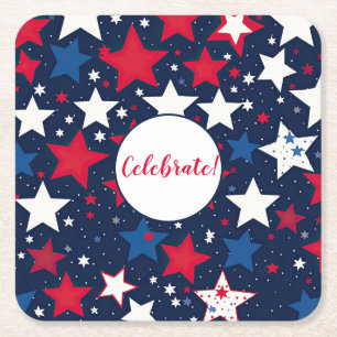Starry Splendour: Red, White Blue Party Square Square Paper Coaster