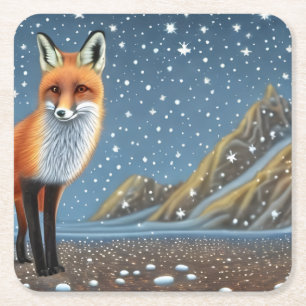 Starry Starry Night Storybook Fox Square Paper Coaster