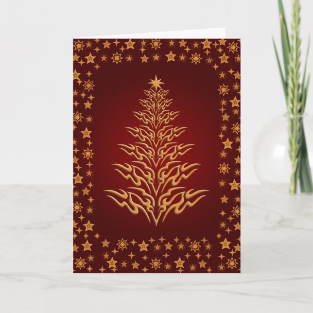 Starry Stylish Christmas Tree Greetings Card Red (Front)
