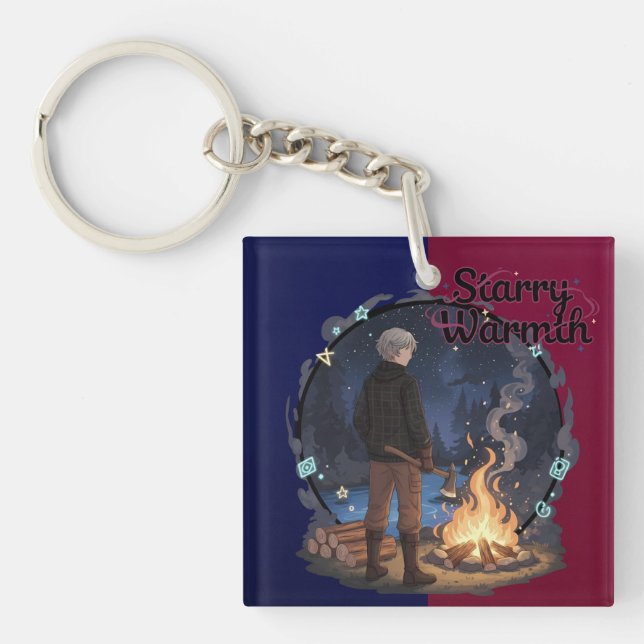 Starry Warmth - Lumberjack Anime Boy by Campfire Key Ring (Front)