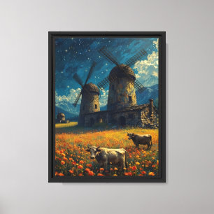 Starry Windmill Meadow Cows Canvas Print