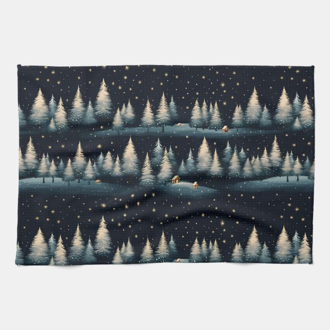 Starry Winter Forest Night Kitchen Towel (Horizontal)