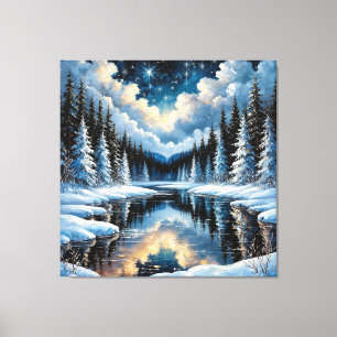 Starry Winter Landscape with Snowy Trees Canvas Print