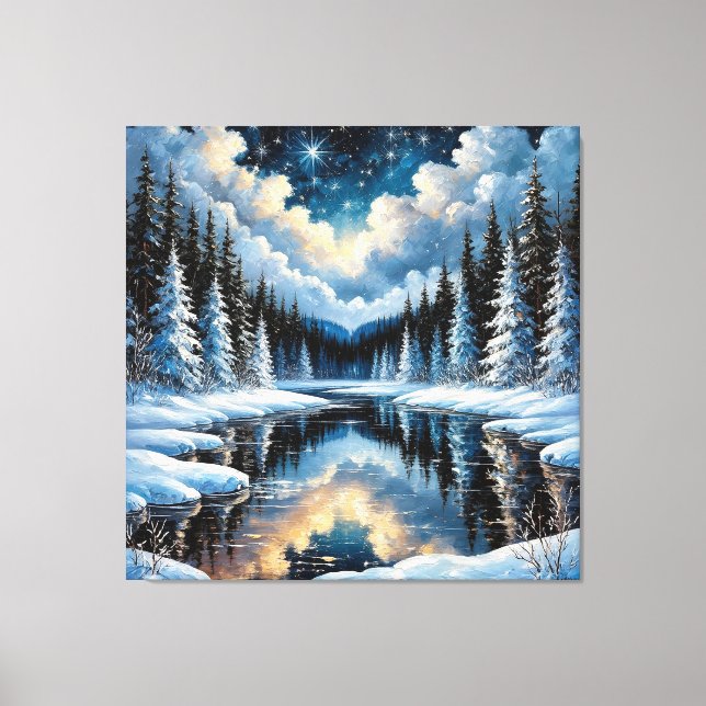 Starry Winter Landscape with Snowy Trees Canvas Print (Front)