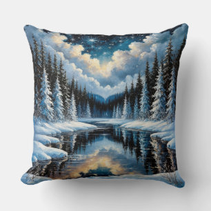 Starry Winter Landscape with Snowy Trees Cushion
