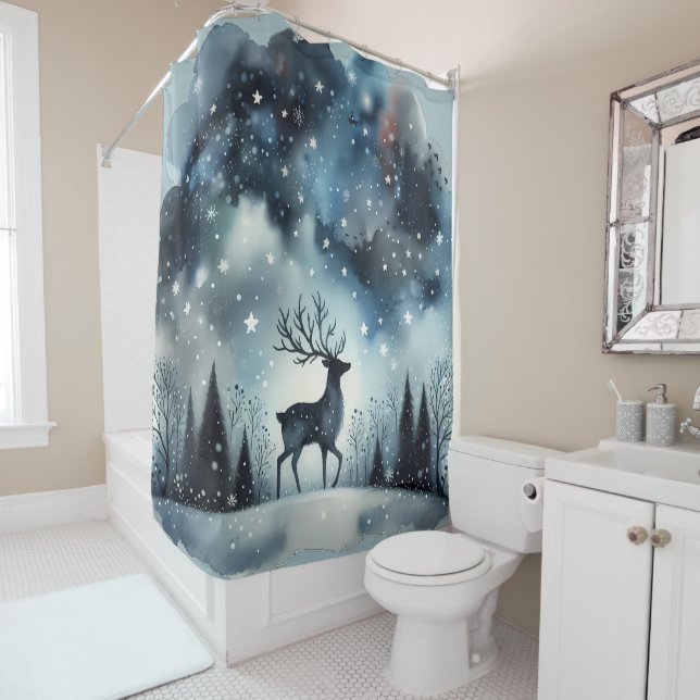 Starry Winter Night Deer Shower Curtain (In Situ)