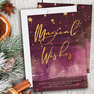 Starry Winter Night Magical Wishes Ruby and Gold Holiday Card