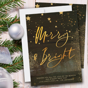 Starry Winter Night Merry and Bright Gold Script Holiday Card