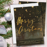Starry Winter Night Merry Christmas Script Gold Holiday Card<br><div class="desc">Starry winter night Merry Christmas holiday card with elegant gold script calligraphy. This chic and modern design combines watercolor brush strokes, gold stars, starlight glow, gold dust and a misty forest. It is hand lettered with Merry Christmas and the template is set up for you to add your personalised greeting....</div>