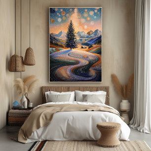Starry Winter Tree in Pointillist Style Poster