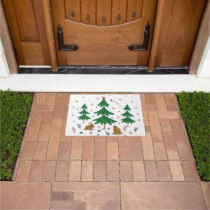 Starry Woodland Christmas Forest Rabbits Doormat