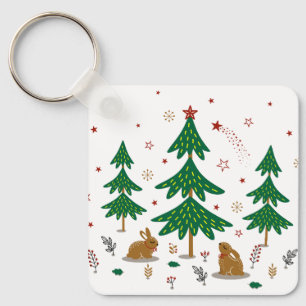 Starry Woodland Christmas Forest Rabbits Key Ring