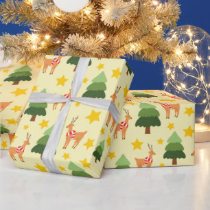 Starry Woodland Christmas Reindeer Yellow Seamless Wrapping Paper