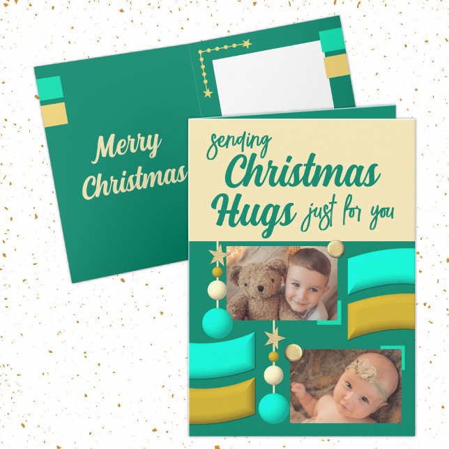 Stars and baubles christmas hugs gold and green holiday card (Creator Uploaded)