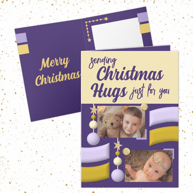 Stars and baubles christmas hugs gold and purple holiday card (Creator Uploaded)