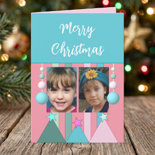 Stars and baubles merry christmas photos pink holiday card