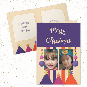 Stars and baubles merry christmas photos purple holiday card