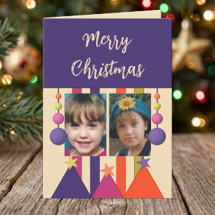 Stars and baubles merry christmas photos purple holiday card