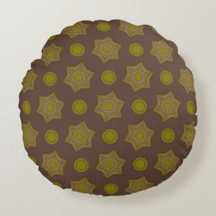 Stars and circles in brown and green round cushion
